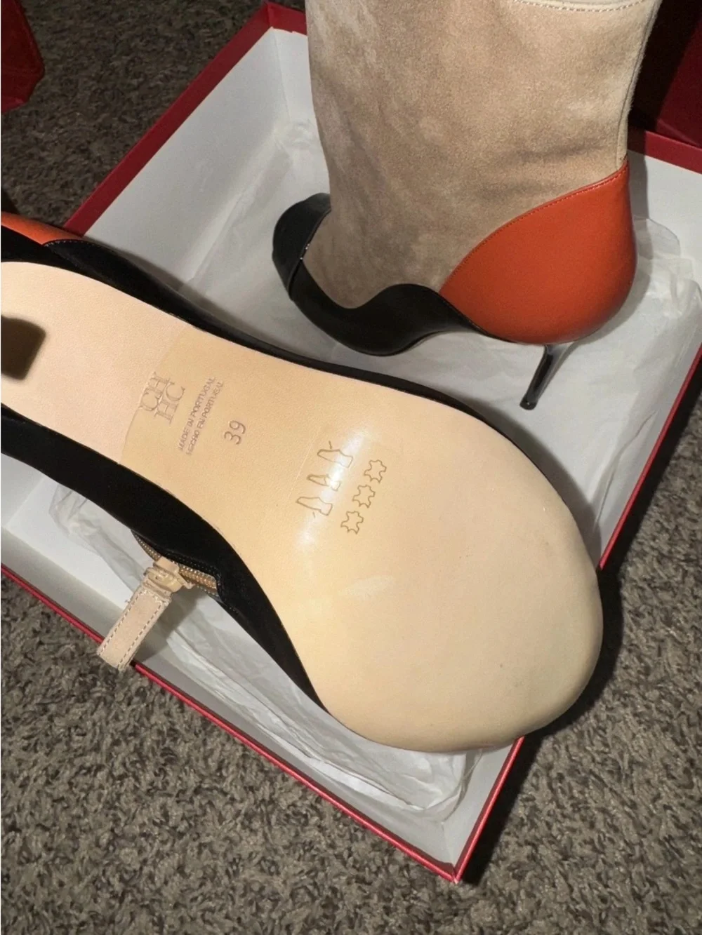 CH Carolina Herrera Suede & Leather Colorblock Ankle Boots in Beige/Black/Orange
